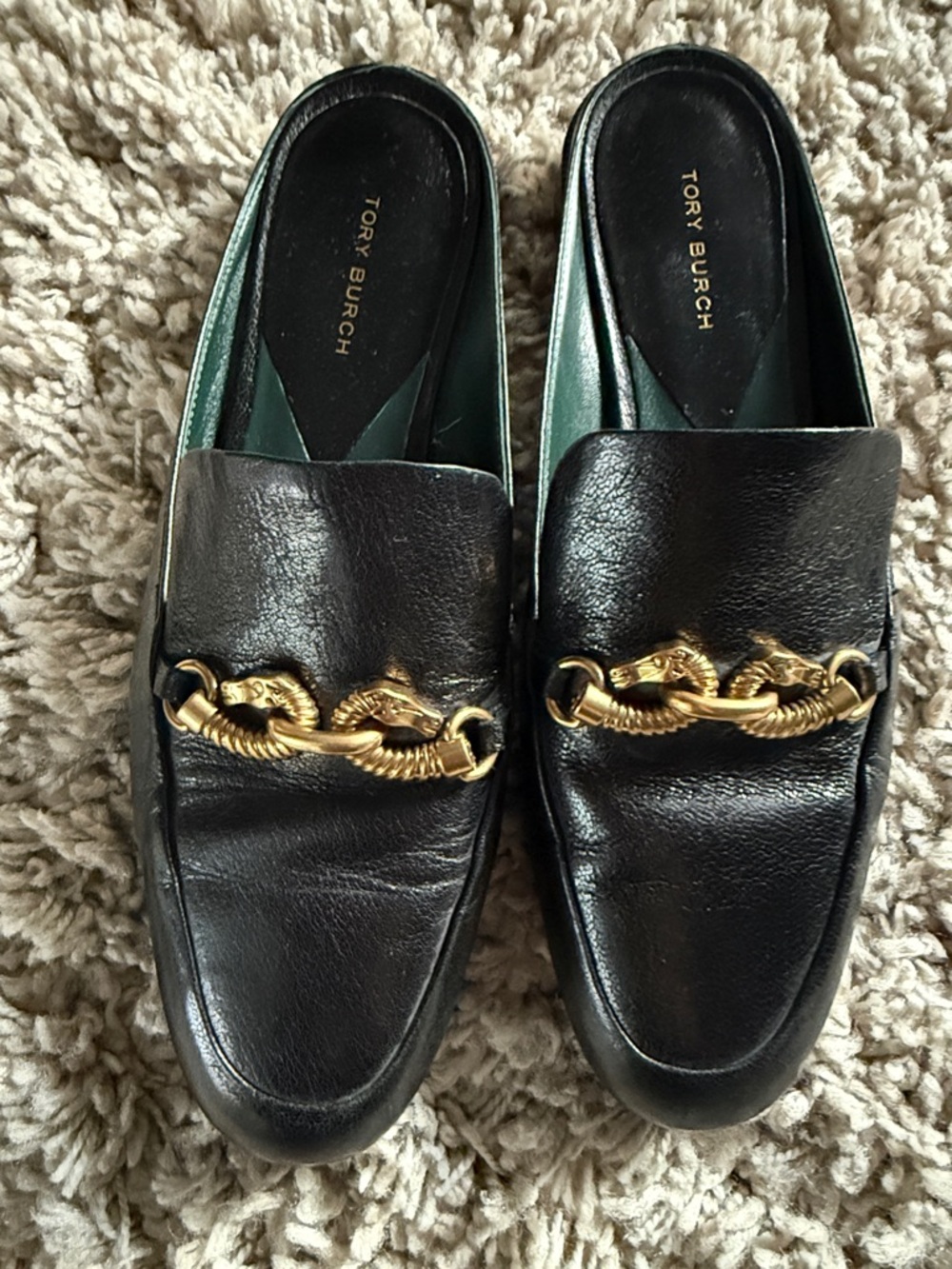 Tory Burch Black Leather Slip-On Loafers with Gold Horsebit